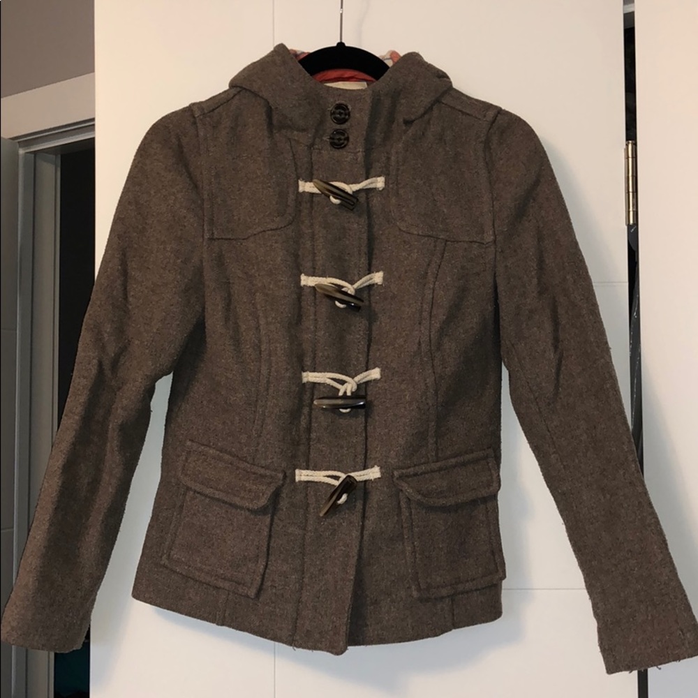 Brown wool zipper jacket with toggles and hood